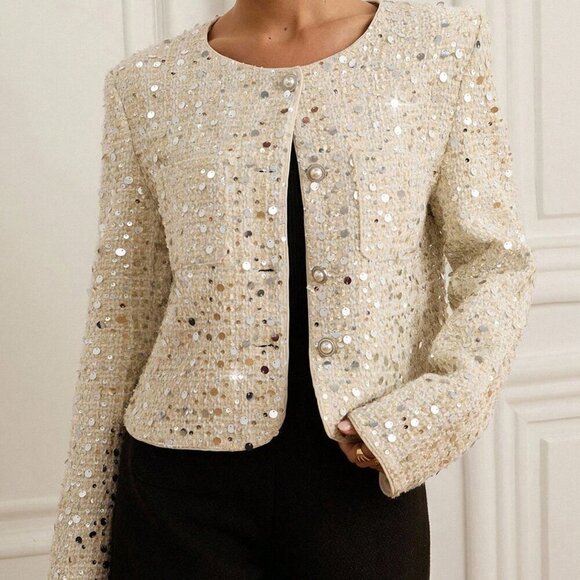 beige Women's Elegant Sequin Embellished Tweed Short Blazer Jacket - Picture 7 of 8